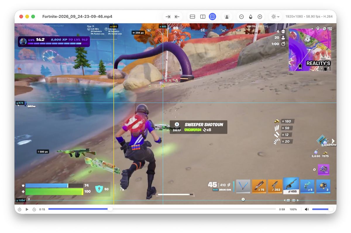 Horizontal and vertical guides over a video, labelled with pixel positions and distances
